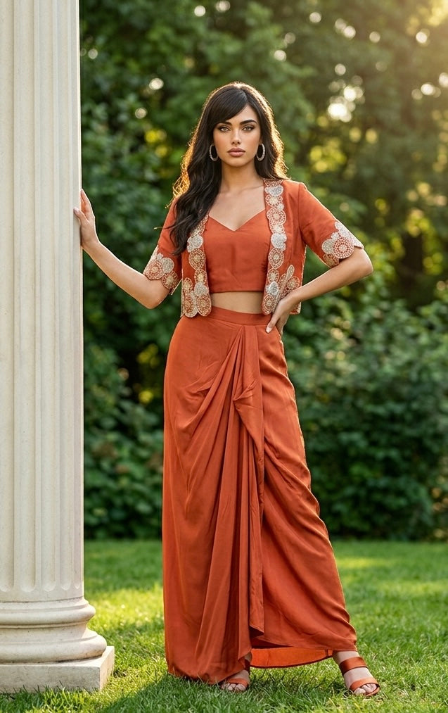 Orange dhoti skirt set