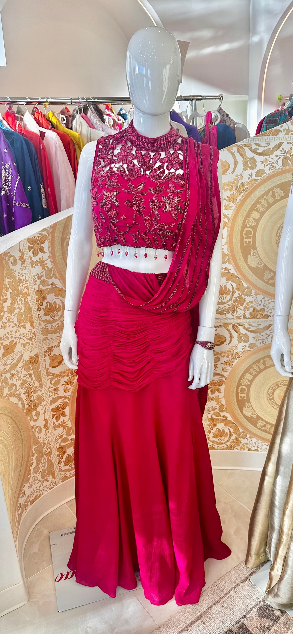 Red lehenga drape