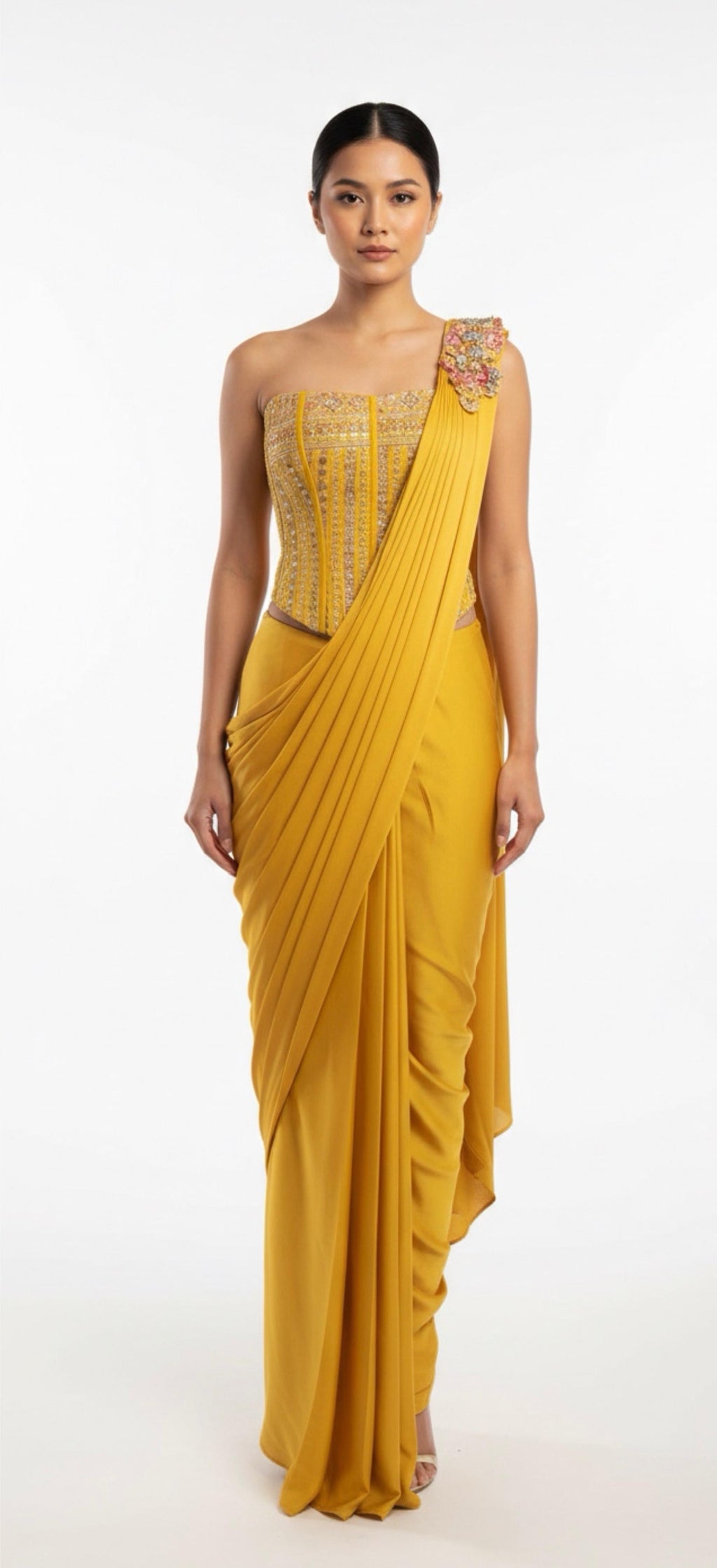 Yellow stitched saree