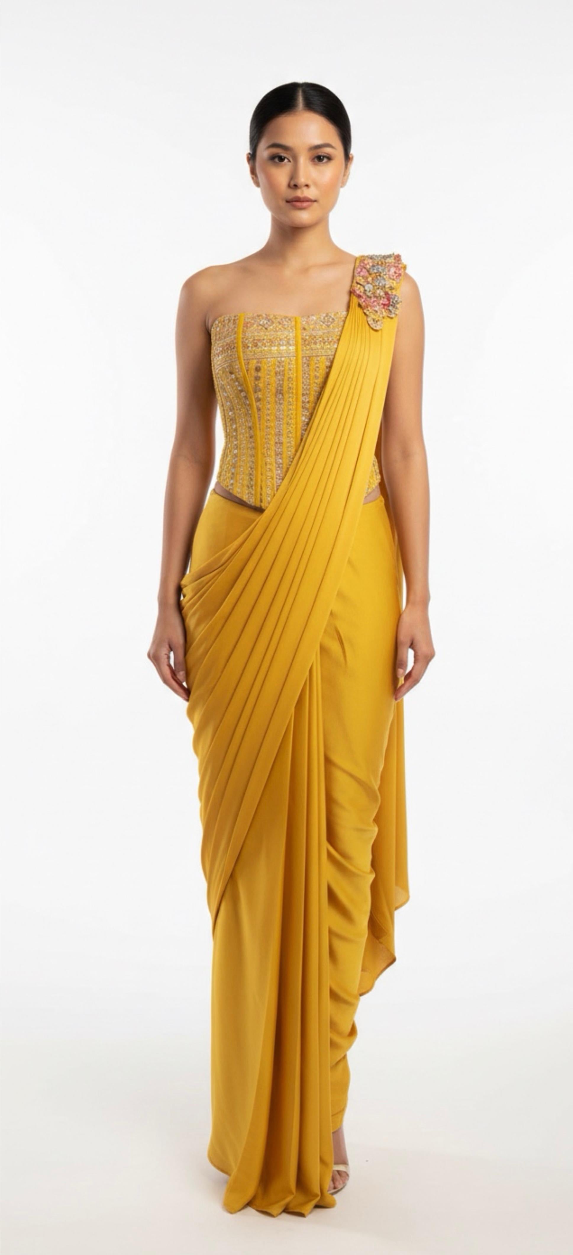 Yellow stitched saree