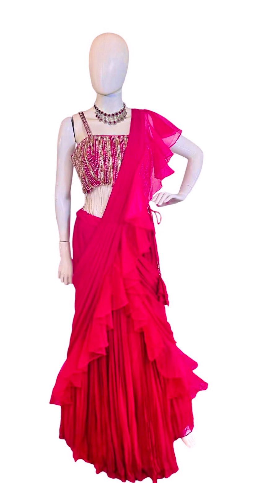 Pinkish red lehenga saree