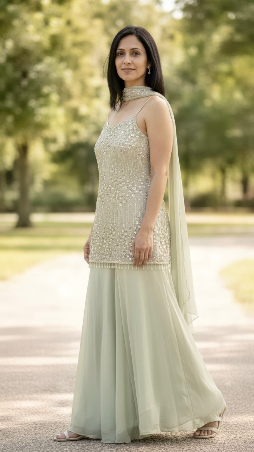Sea-green sequins Sharara set