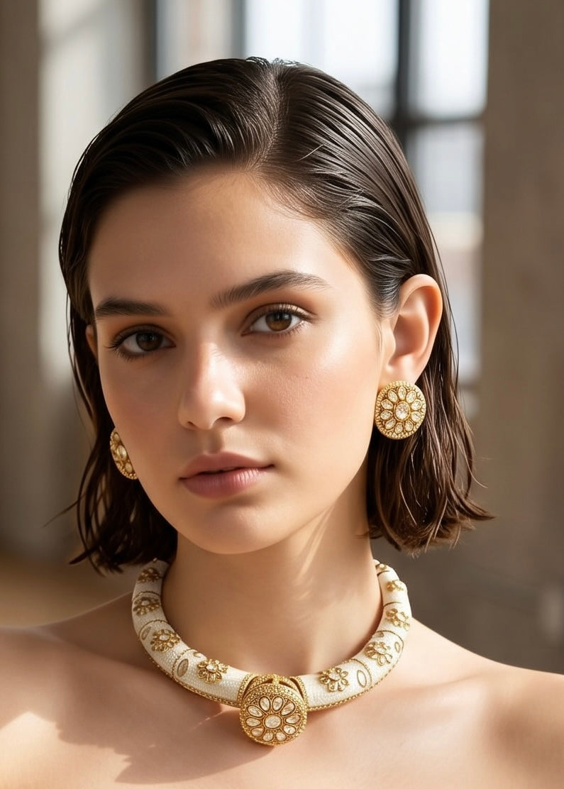 White kundan hasli set