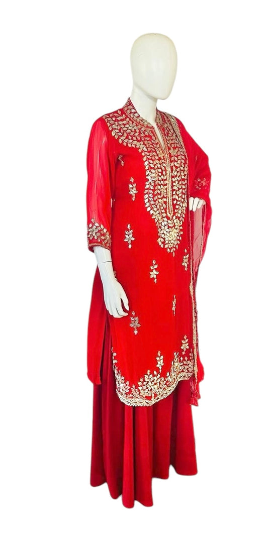 Red georgette Sharara suit