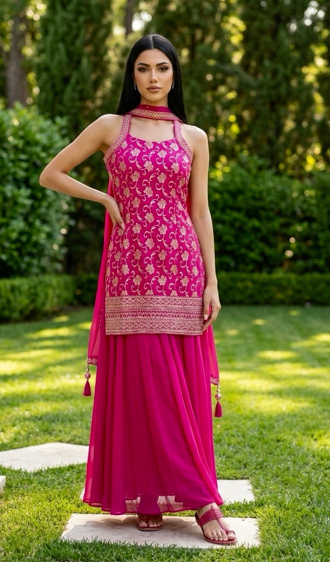 Pinkish red benarasi Sharara suit