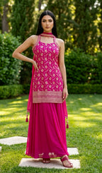 Pinkish red benarasi Sharara suit