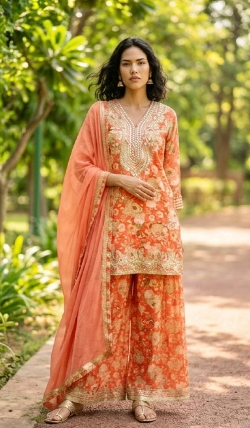 Peach floral Sharara suit