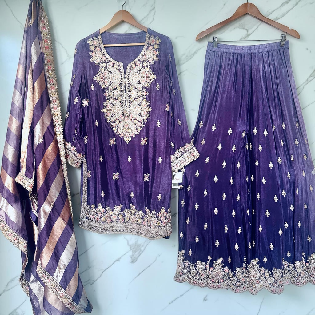 Purple embroidered sharara set