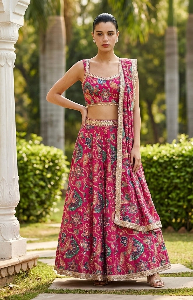 Deep magenta floral lehenga