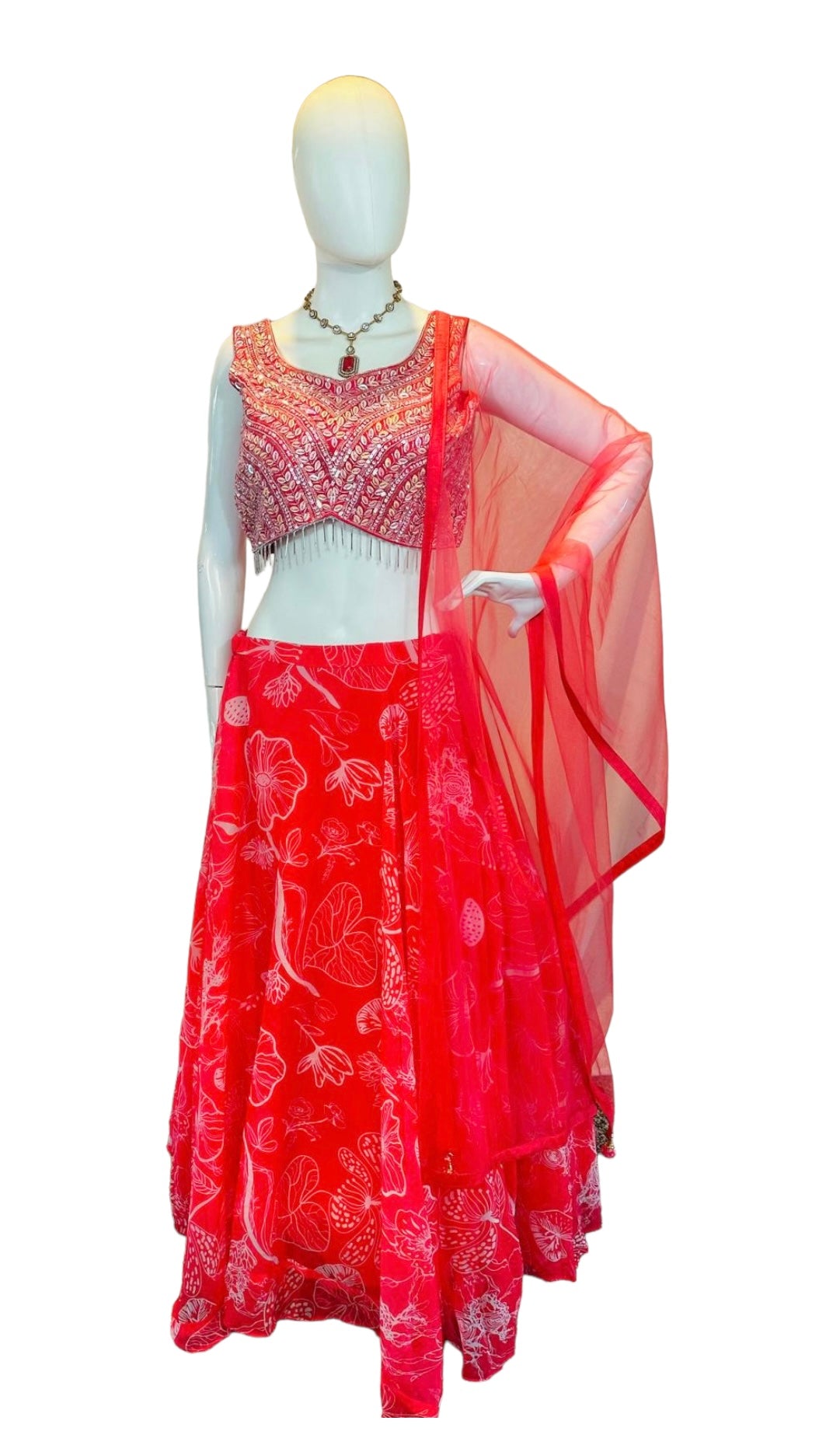 Coral organza lehenga