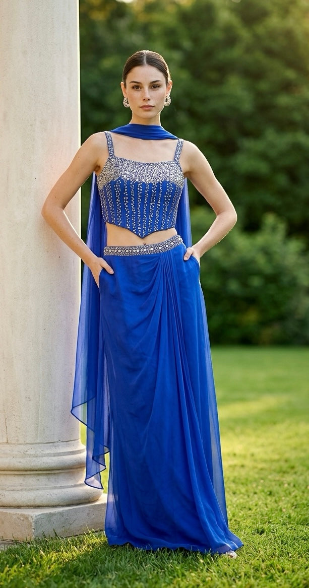 Electric blue dhoti skirt set