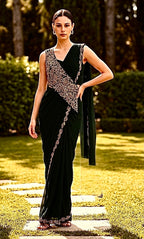 Navy blue drape fusion saree