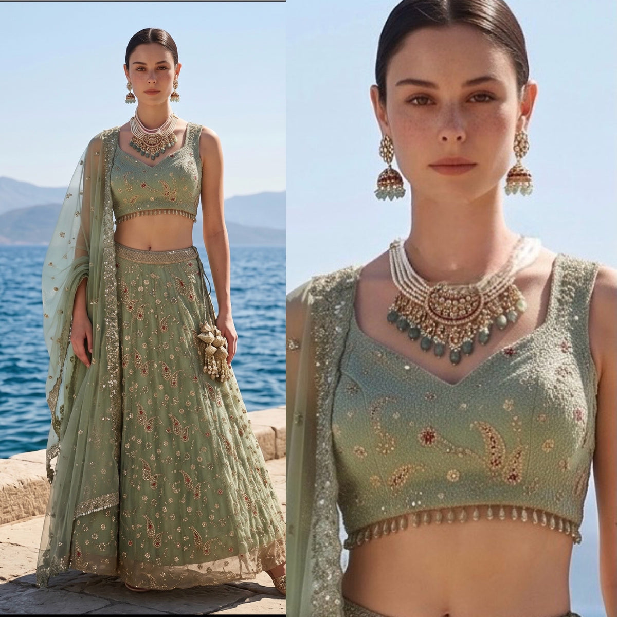 Sea-green stonework lehenga