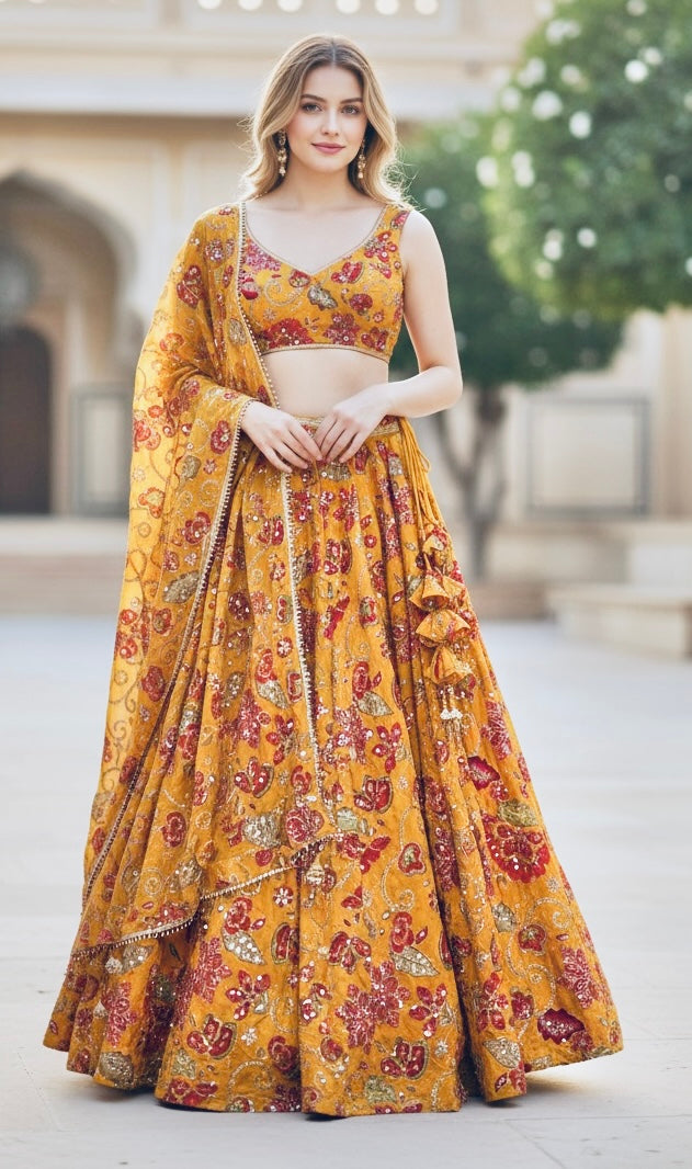 Mustard yellow floral lehenga