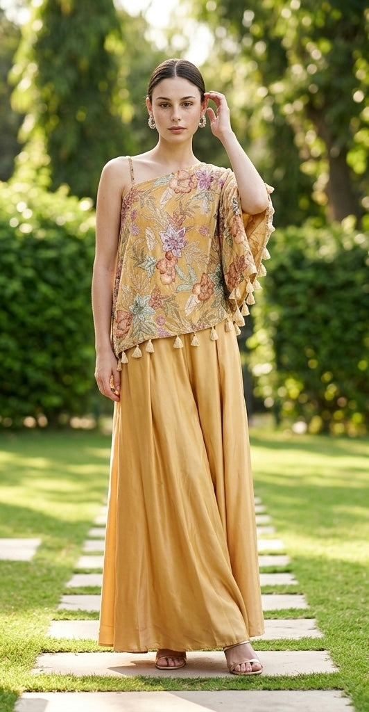 Beige one-shoulder outfit