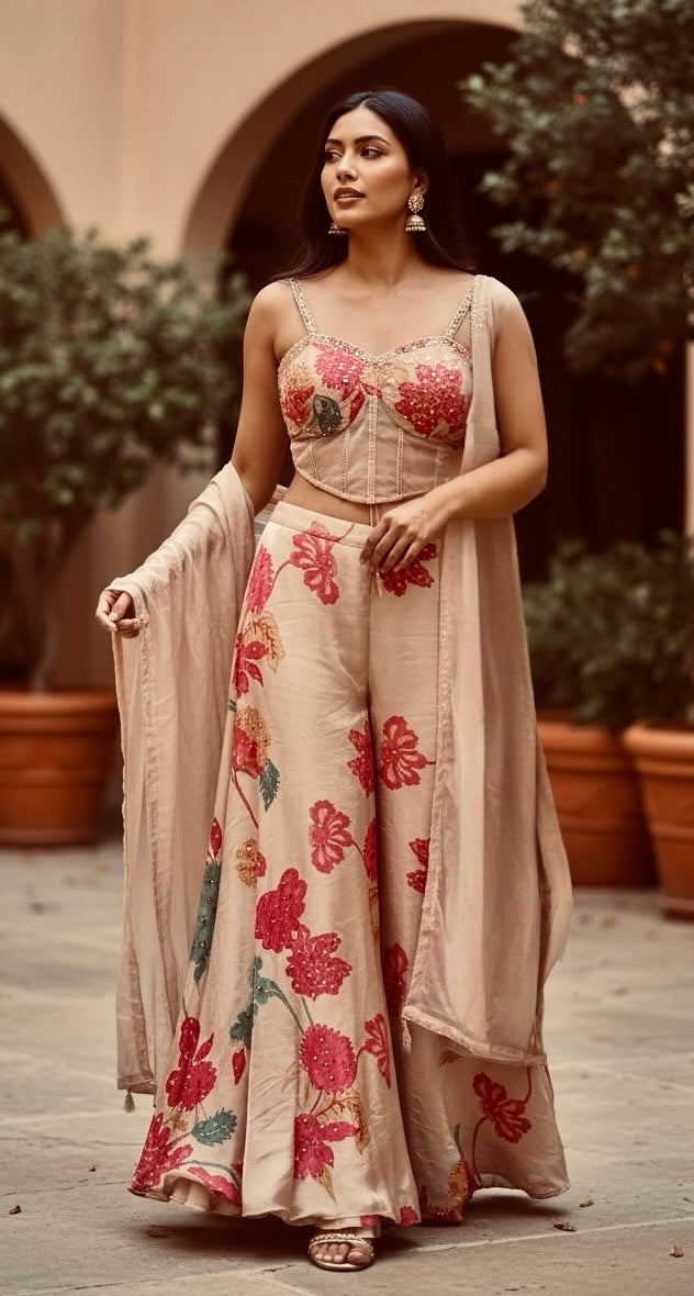 Beige printed corset fusion outfit