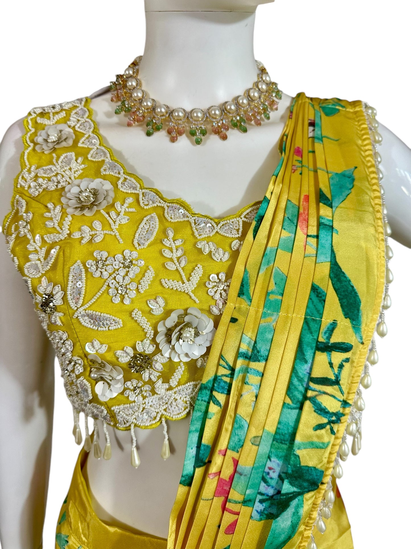 Yellow printed stitched saree