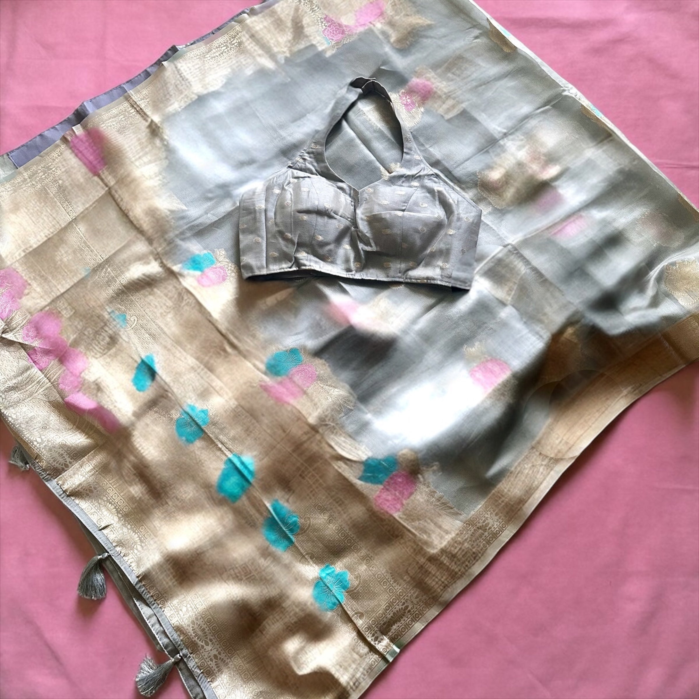 Grey chanderi silk saree