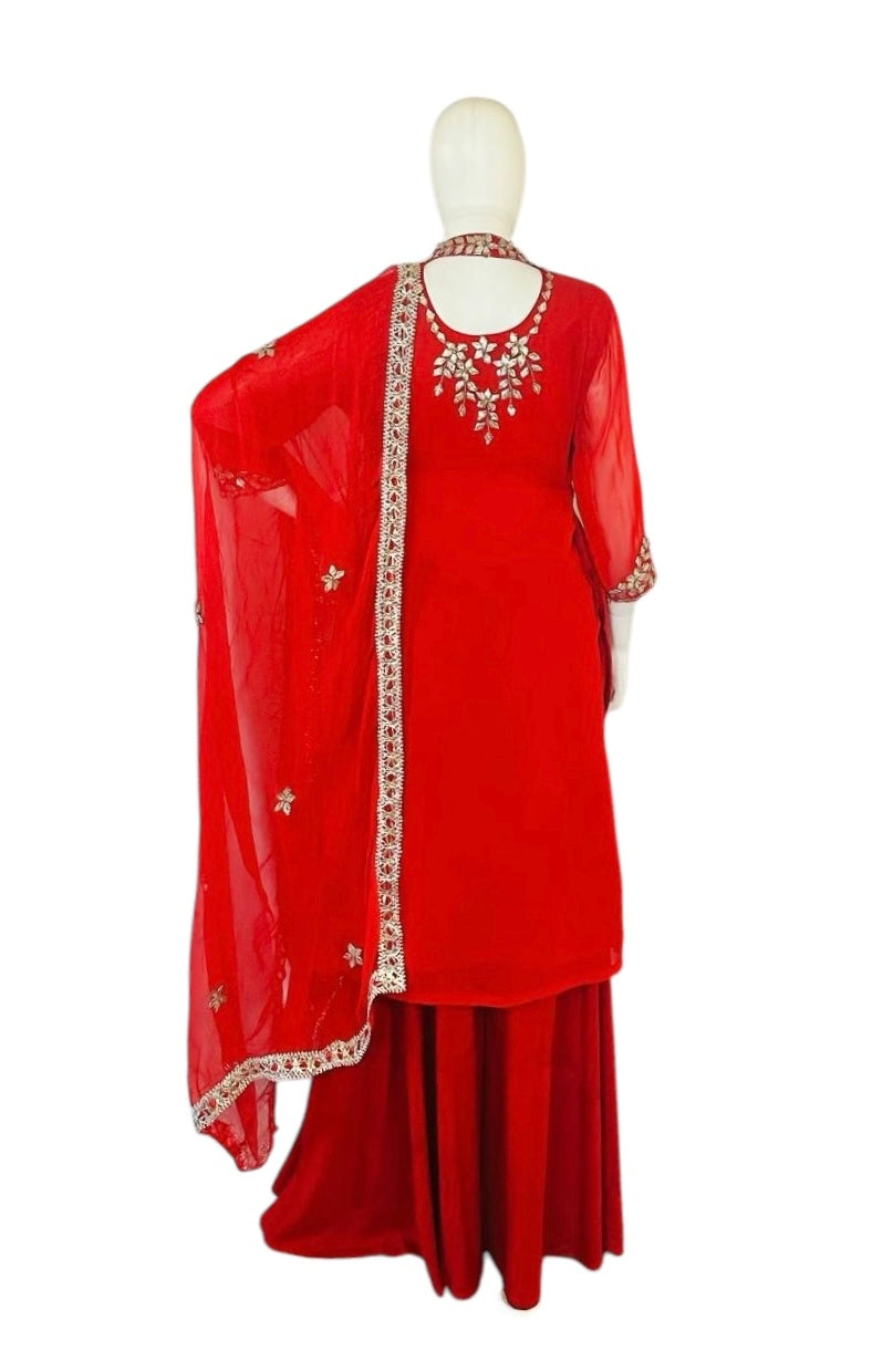 Red georgette Sharara suit