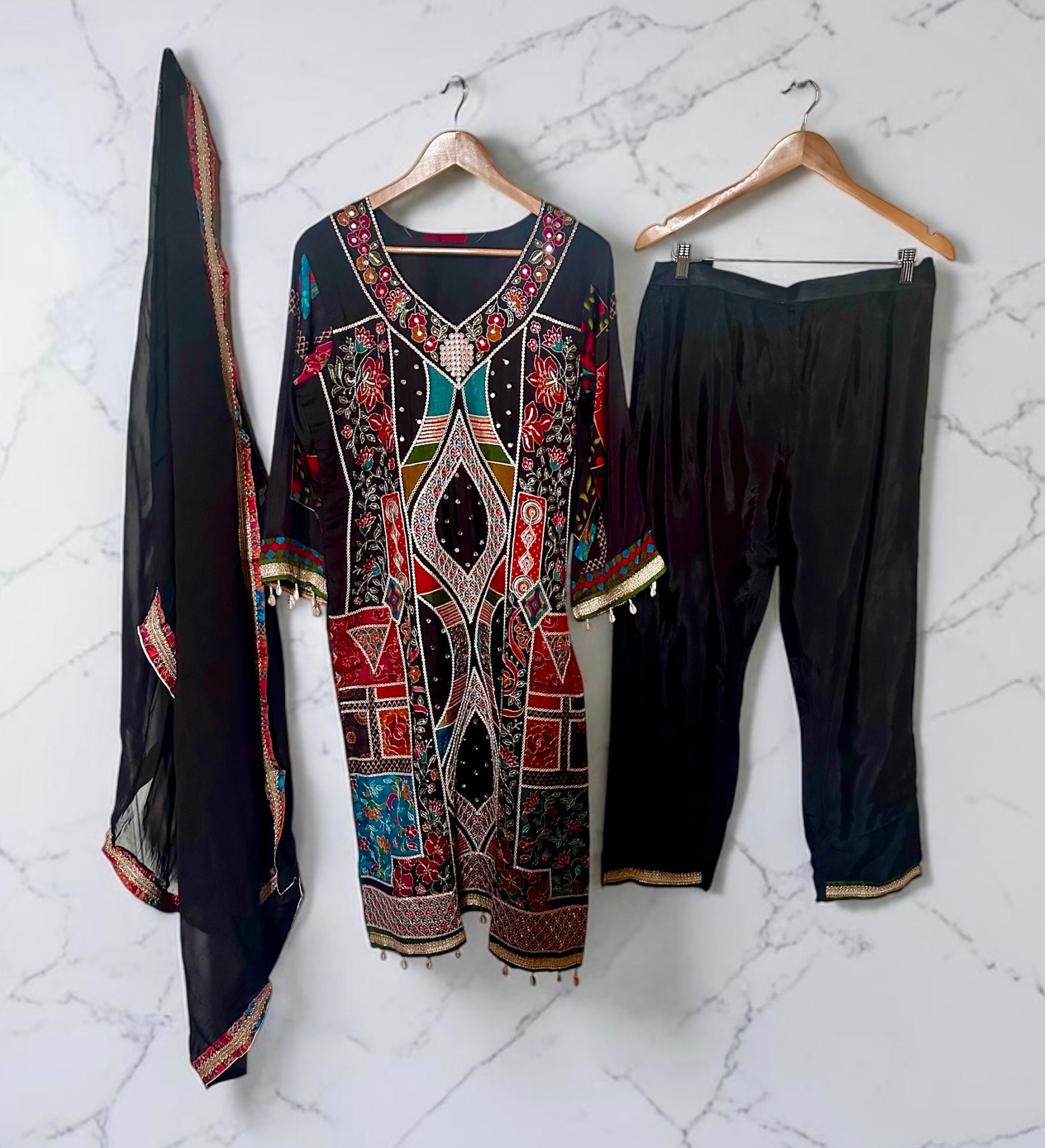 Black patchwork suit