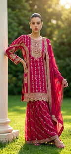 Red embroidered sharara set
