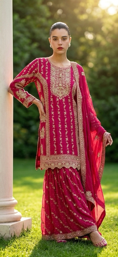 Red embroidered sharara set