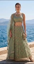 Sea-green stonework lehenga