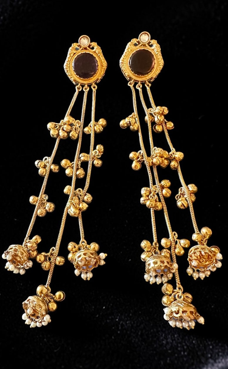 Burgundy stone jhumka earrings