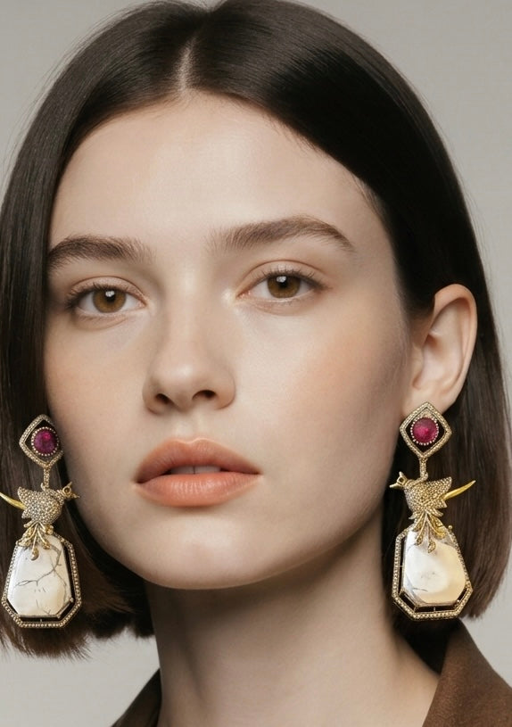 Bird motif ruby n white stone earrings