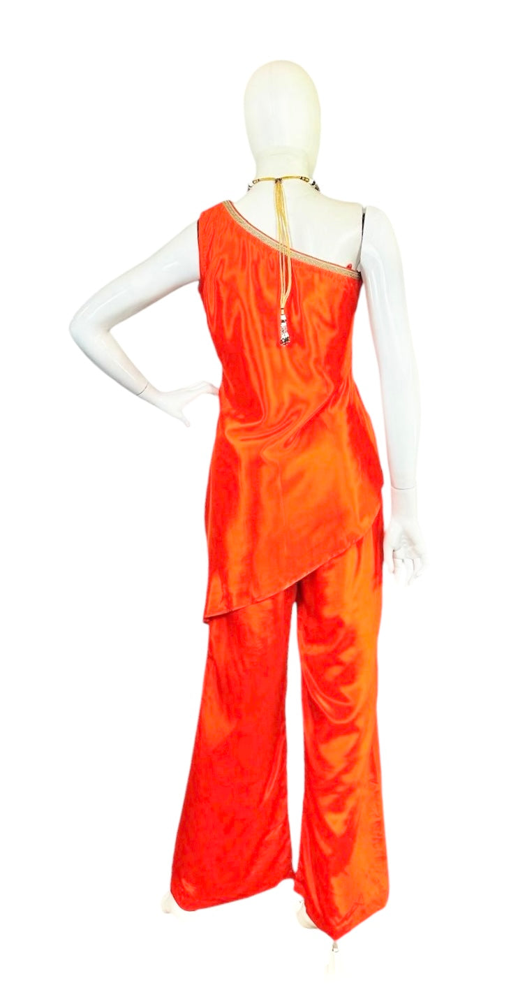 Orange one-shoulder outfit