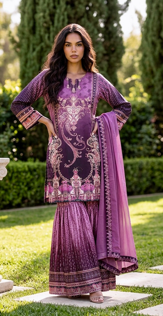 2-shaded lavender printed garara suit
