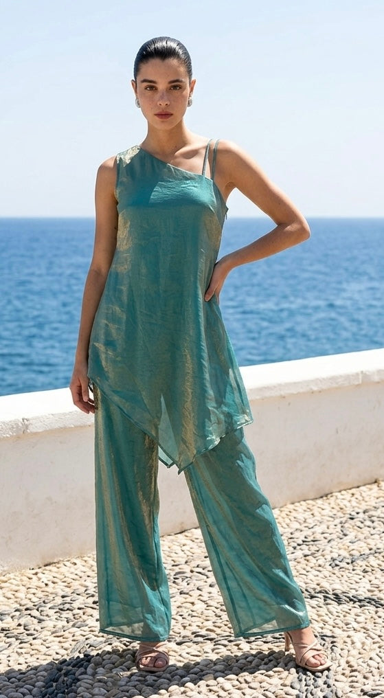 Teal colored one-shoulder set
