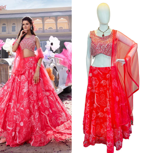 Coral organza lehenga