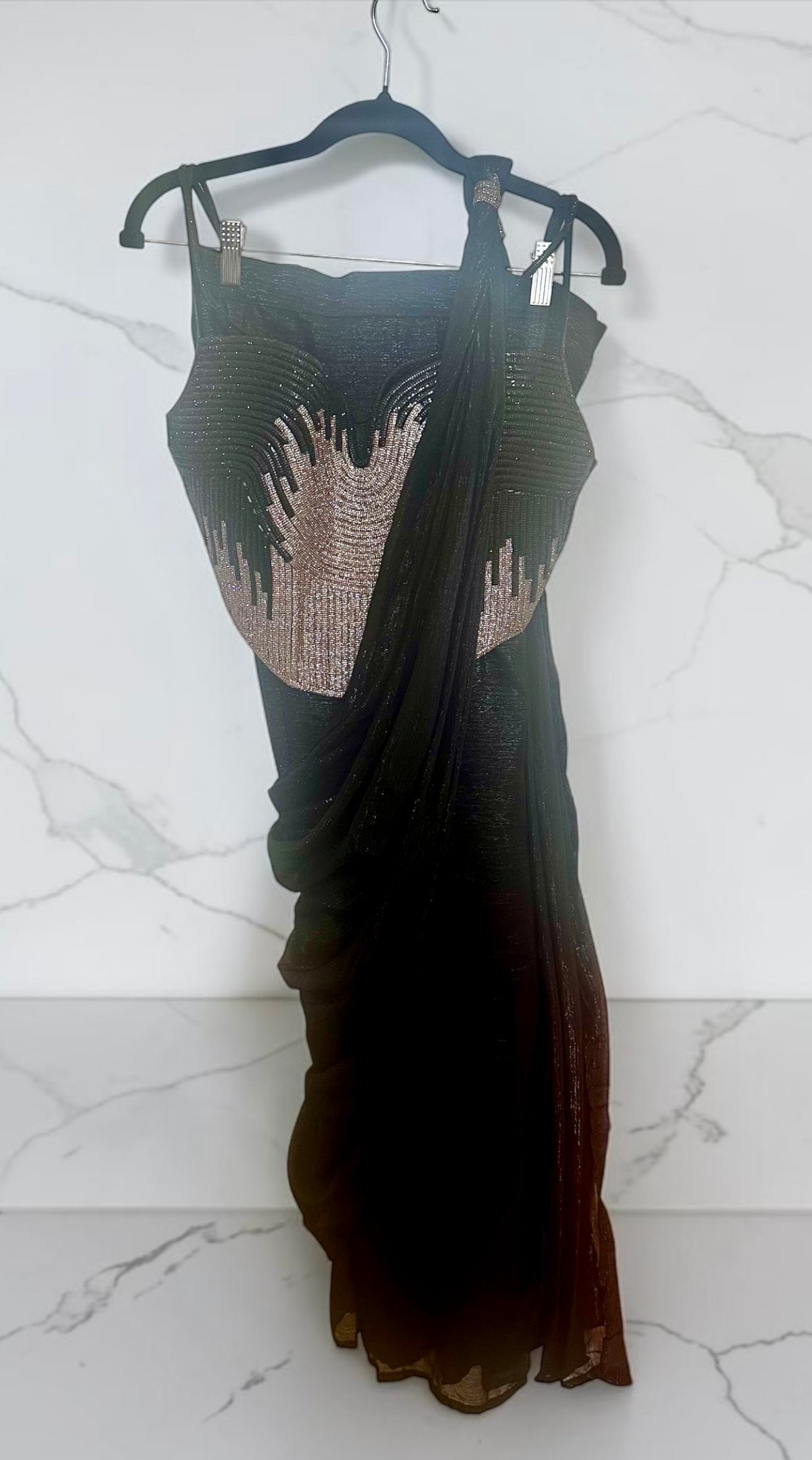 Black chinon stitched saree