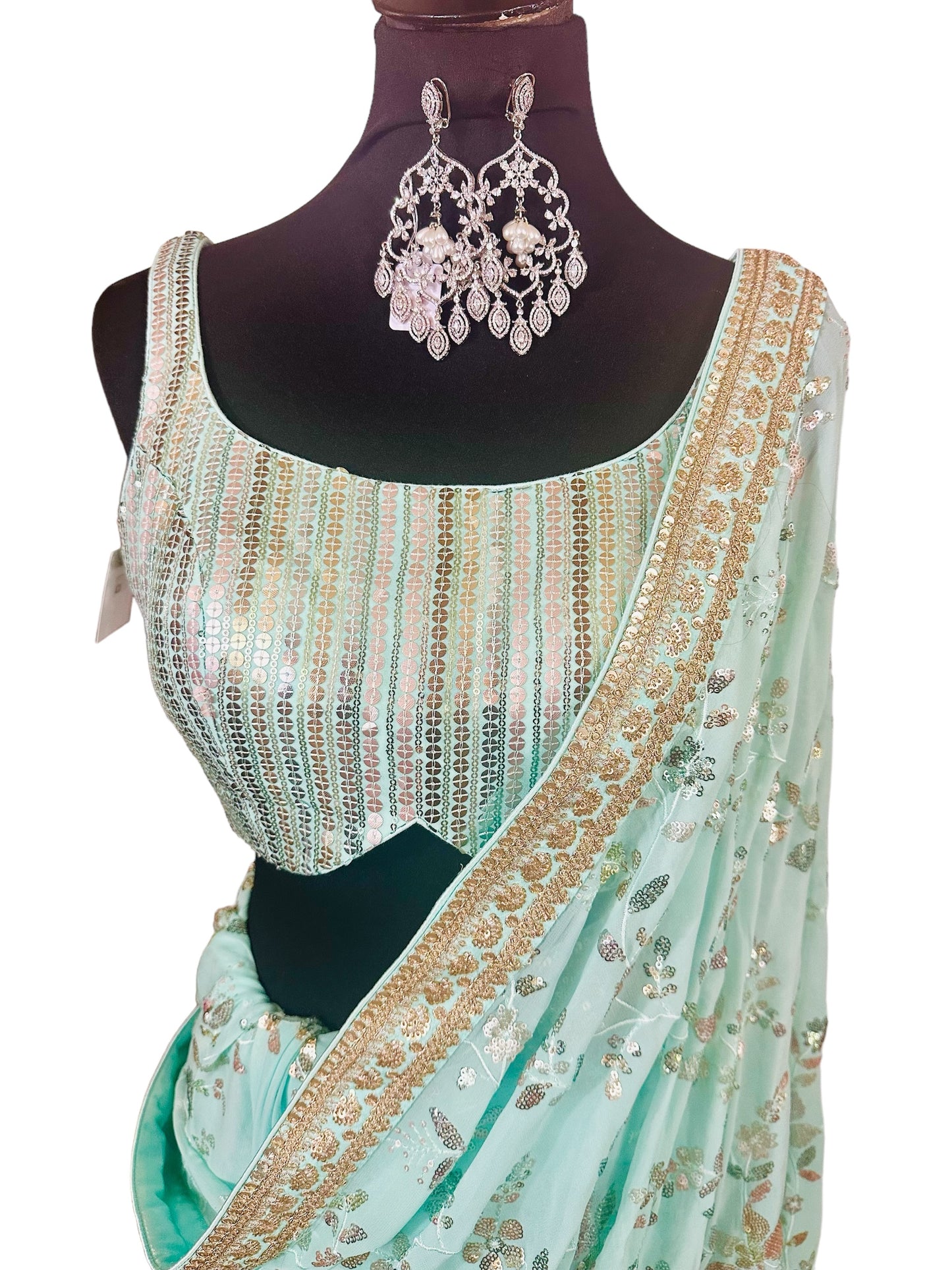 Bluish green sequins saree