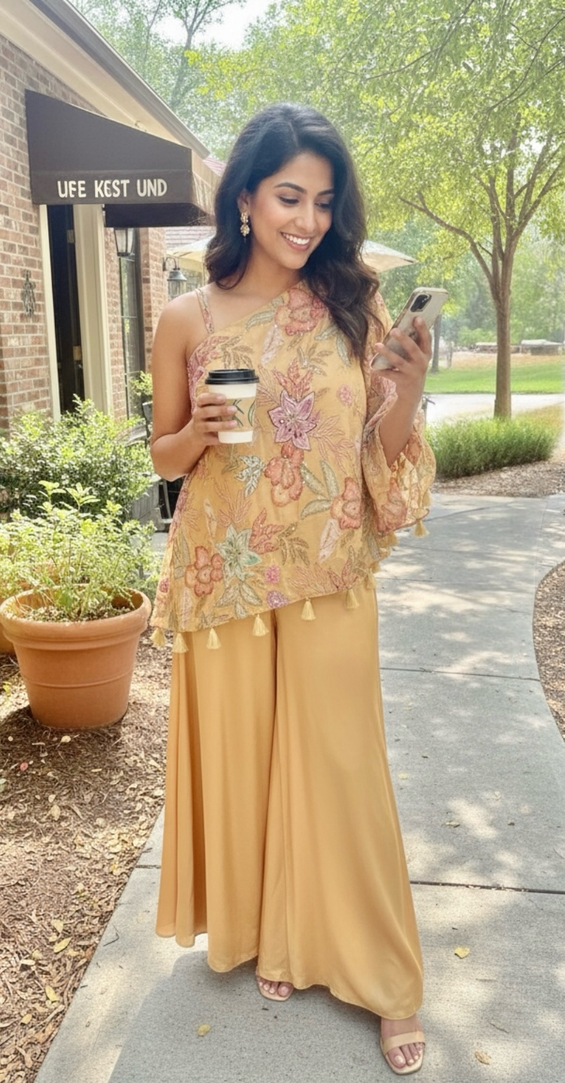 Beige one-shoulder outfit