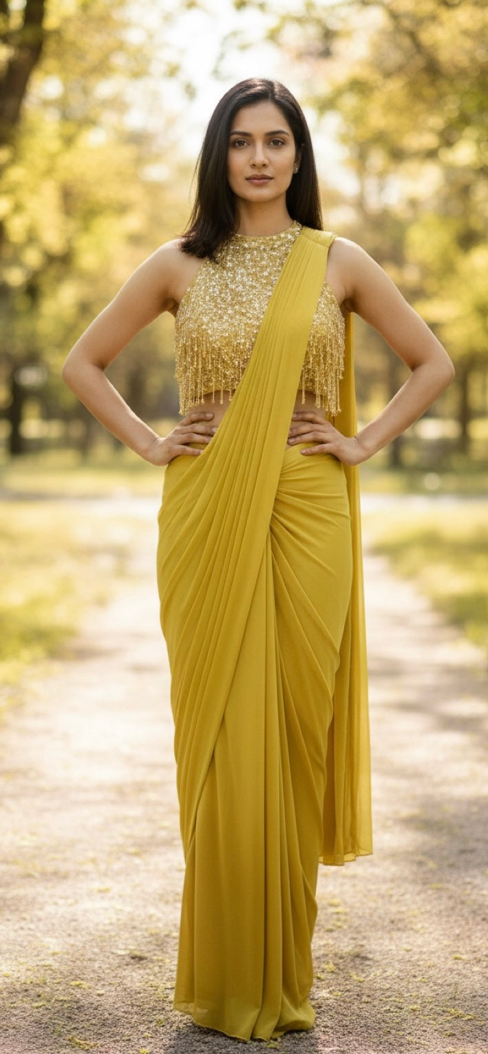 Lime green stitched saree