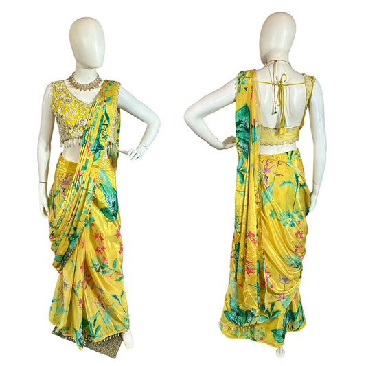 Yellow printed stitched saree