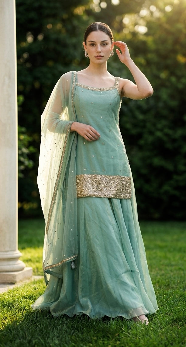 Sage green sharara suit