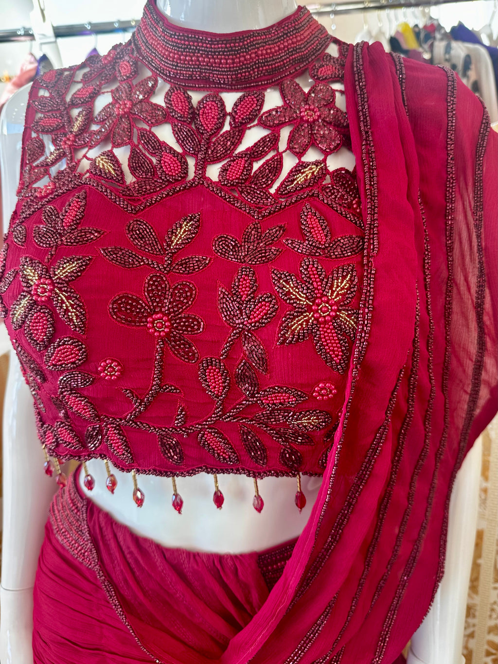 Red lehenga drape