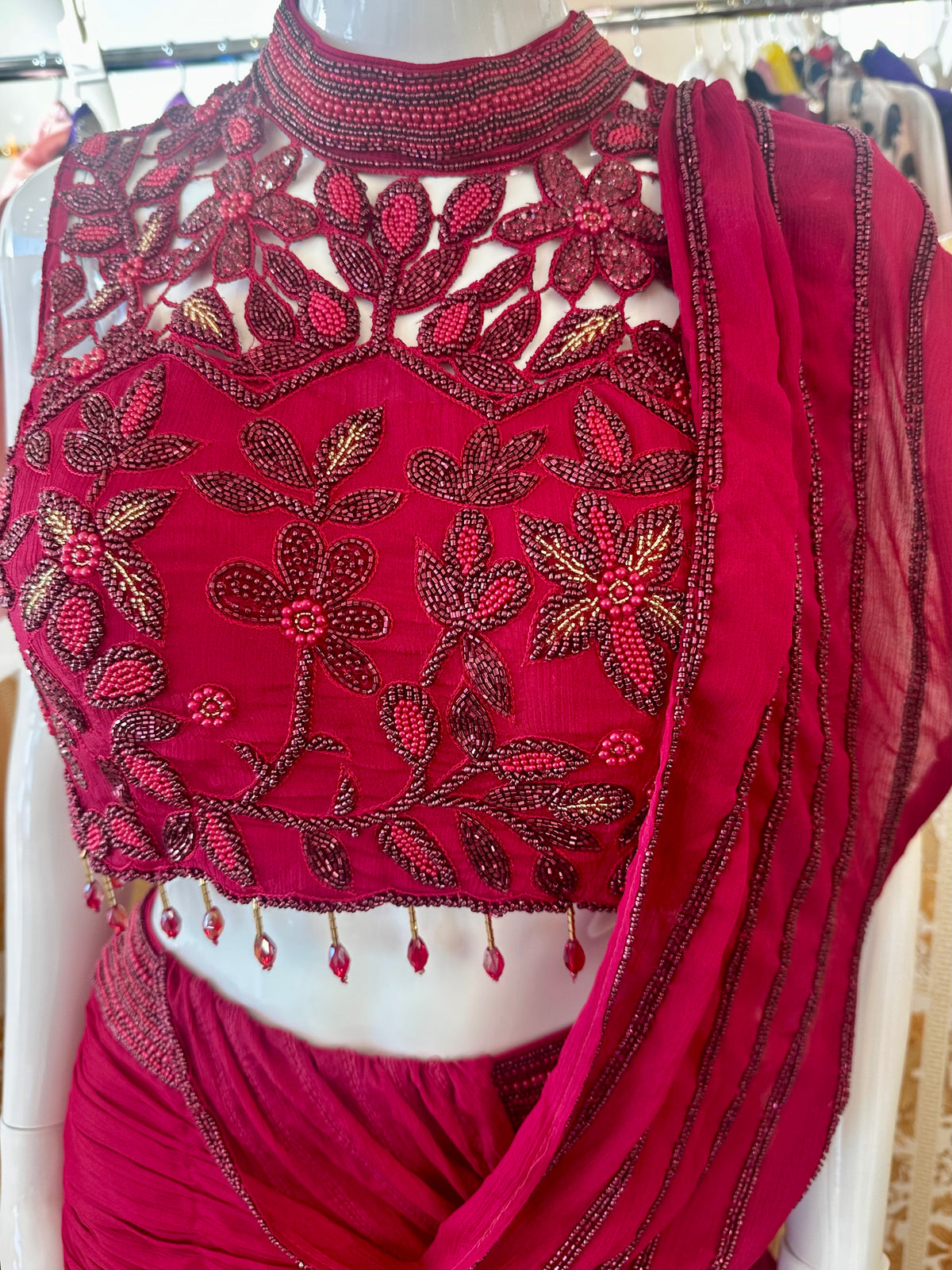 Red lehenga drape