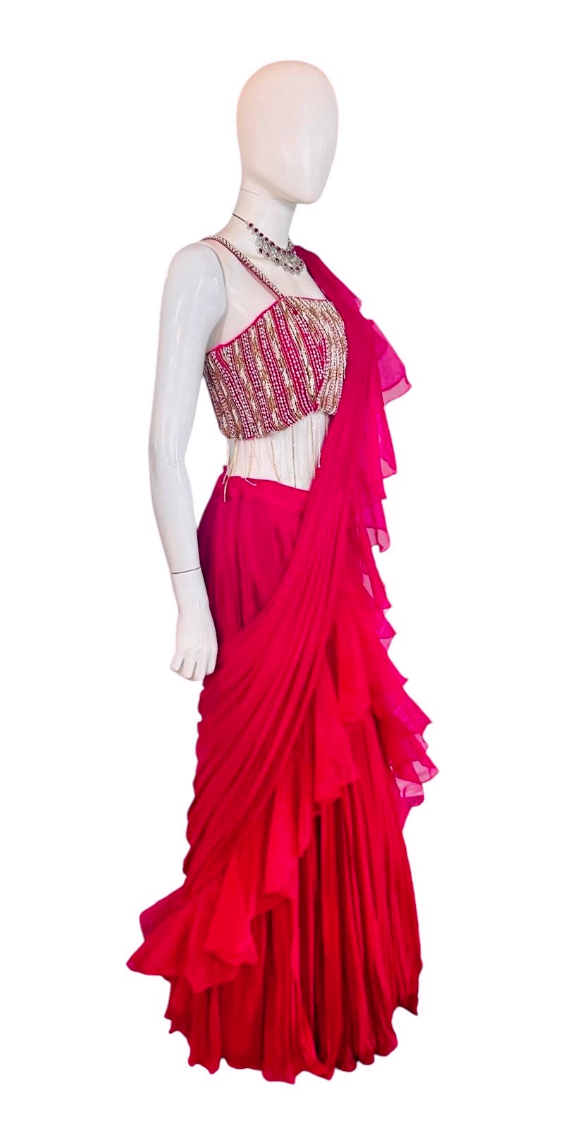 Pinkish red lehenga saree