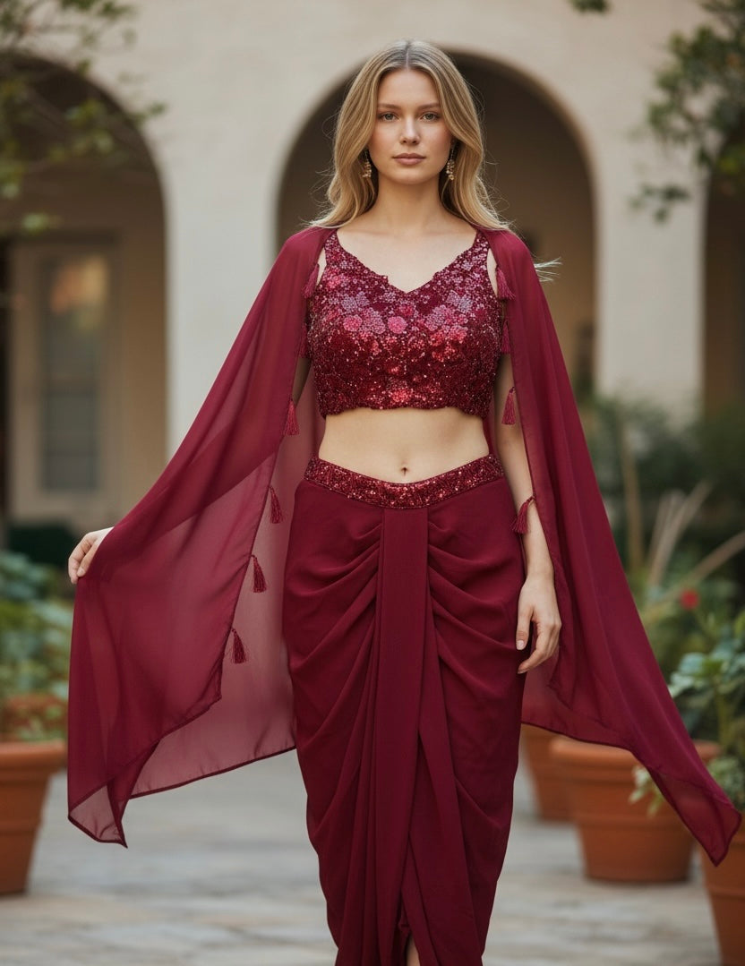 Maroonish red dhoti skirt set