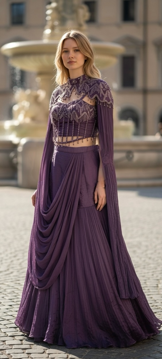 Purple corset lehenga drape