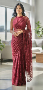 Deep red chantley lace saree