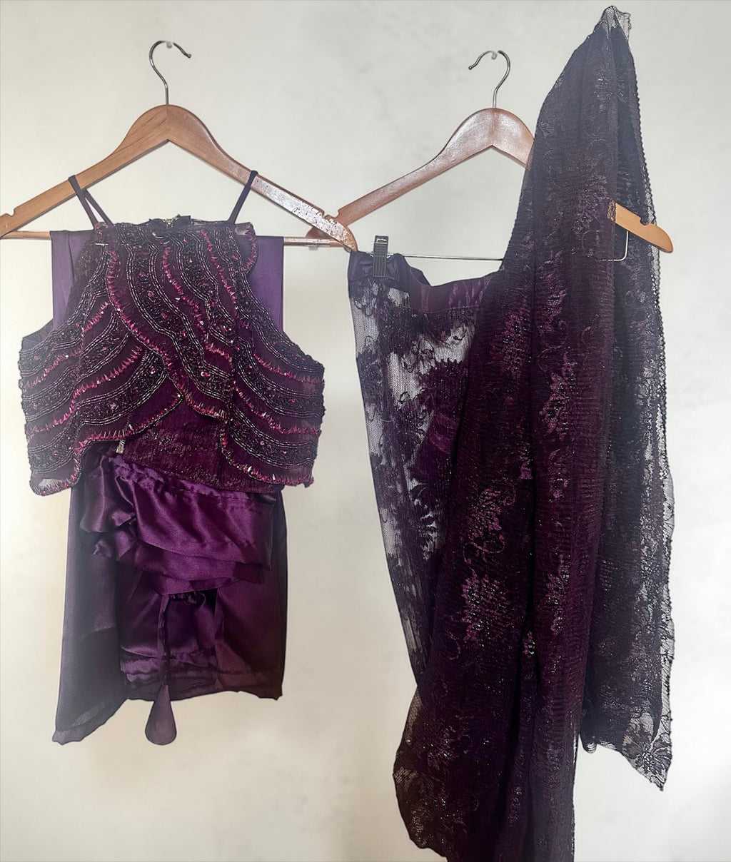 Purple chantley lace saree