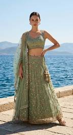 Sea-green stonework lehenga