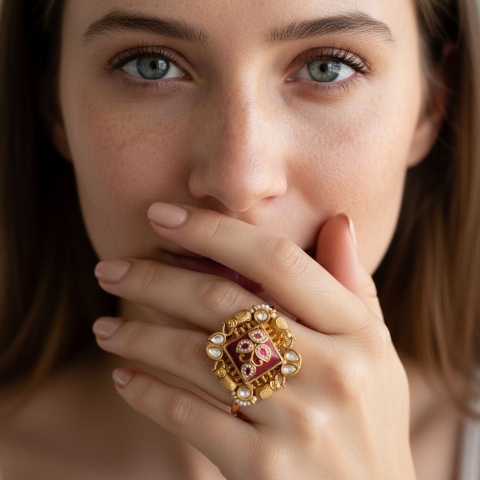Pink stone kundan ring