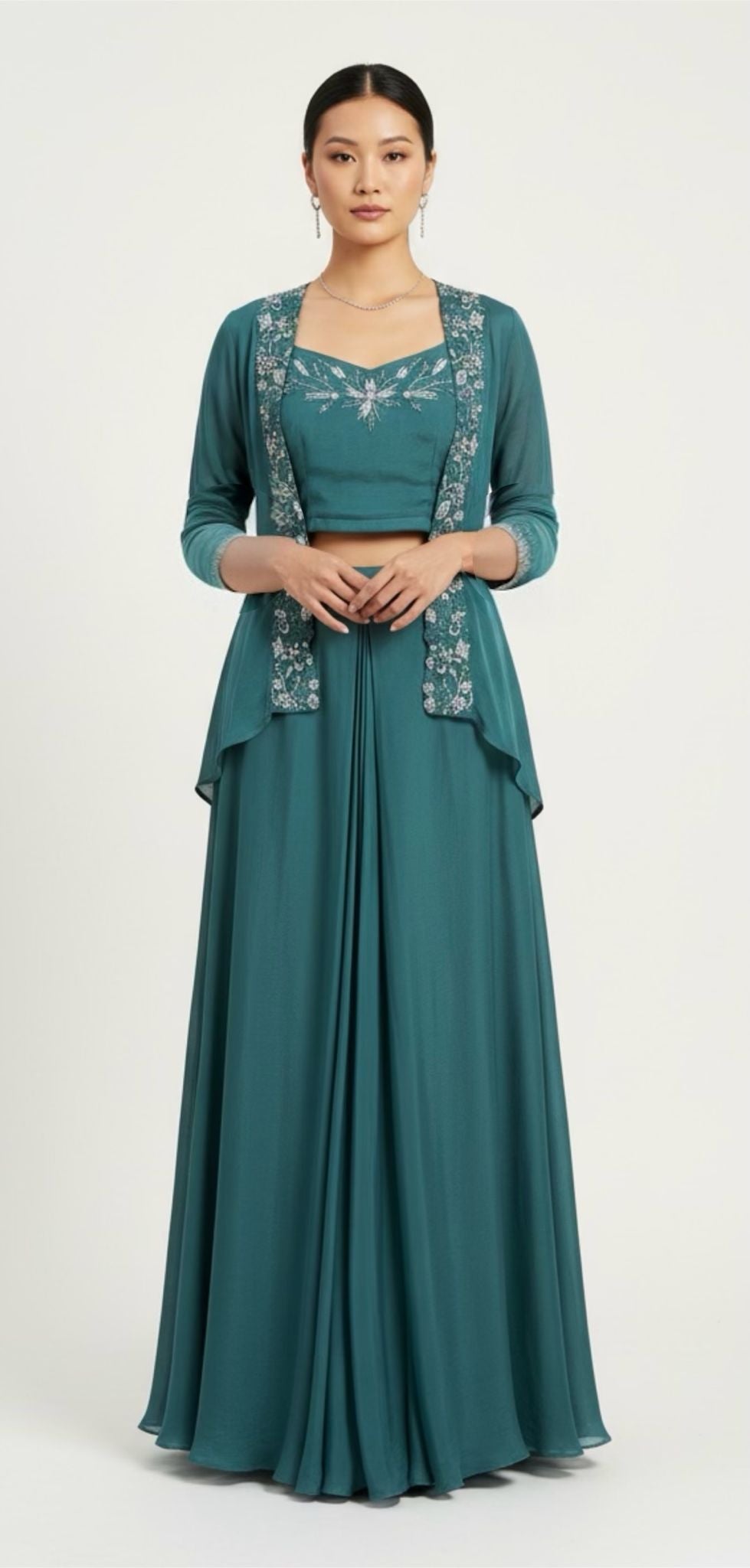 Teal colored dhoti skirt set