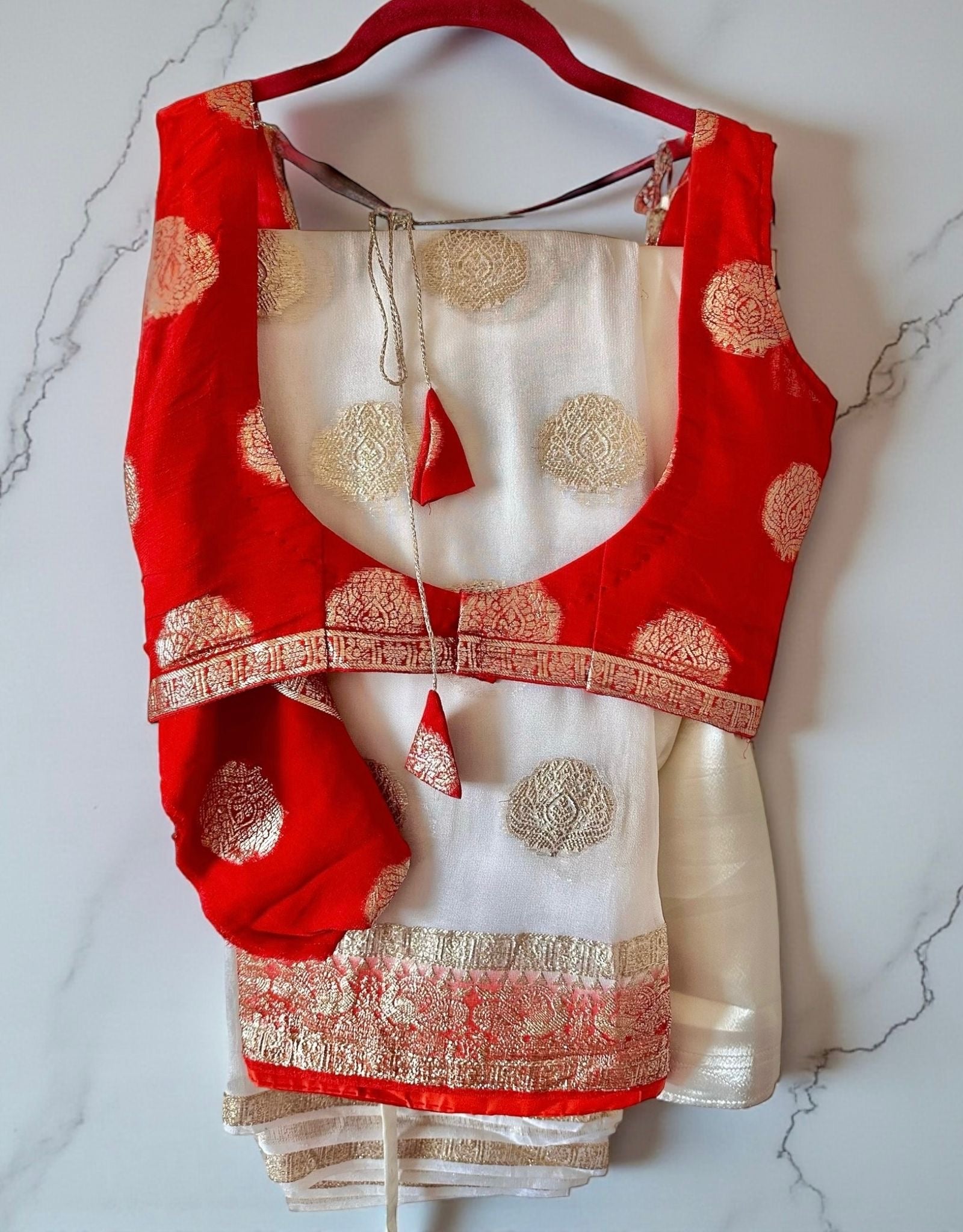 Red & white benarasi saree